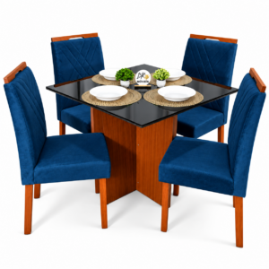 Mesa de Jantar Helo 90x90cm com 4 Cadeiras Cristal Grafite Preto Carvalho Decor - Azul