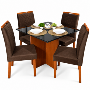 Mesa de Jantar Helo 90x90cm com 4 Cadeiras Cristal Grafite Preto Carvalho Decor - Marrom