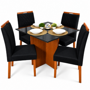 Mesa de Jantar Helo 90x90cm com 4 Cadeiras Cristal Grafite Preto Carvalho Decor - Preto