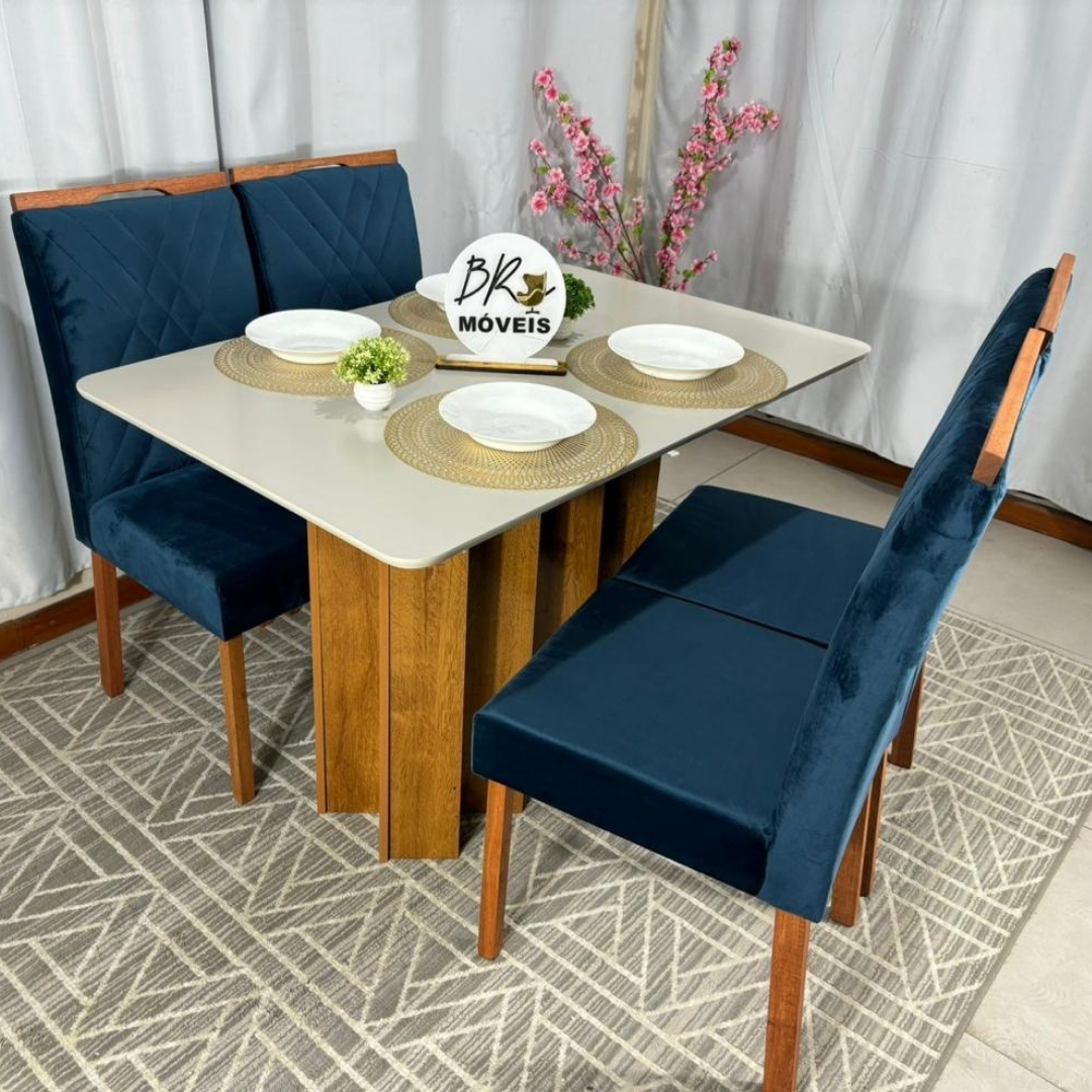 Mesa de Jantar Londres Off White 120x80cm tampo Laqueado com 4 Cadeiras Cristal - Azul