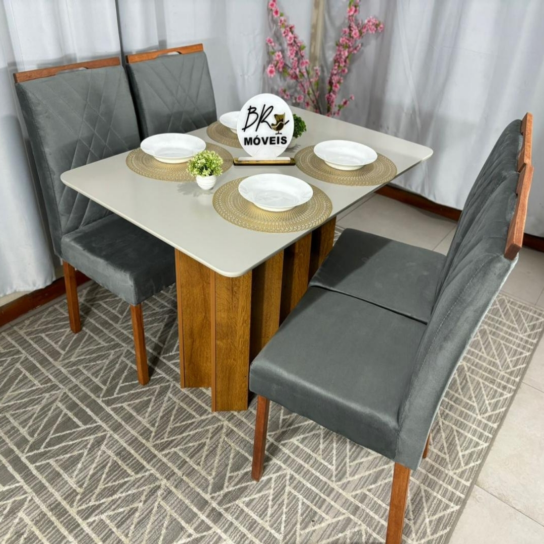 Mesa de Jantar Londres Off White 120x80cm tampo Laqueado com 4 Cadeiras Cristal - Cinza