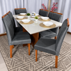 Alternative view of Mesa de Jantar Helo Off White 160cmx90cm com 6 Cadeiras Cristal Carvalho Decor  - Cinza