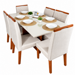 Mesa de Jantar Helo Off White 160cmx90cm com 6 Cadeiras Cristal Carvalho Decor - Bege