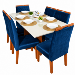 Mesa de Jantar Helo Off White 160cmx90cm com 6 Cadeiras Cristal Carvalho Decor - Azul