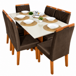Mesa de Jantar Helo Off White 160cmx90cm com 6 Cadeiras Cristal Carvalho Decor - Marrom