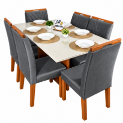 Mesa de Jantar Helo Off White 160cmx90cm com 6 Cadeiras Cristal Carvalho Decor  - Cinza