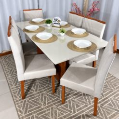Alternative view of Mesa de Jantar Helo Off White 160cmx90cm com 6 Cadeiras Cristal Carvalho Decor - Bege