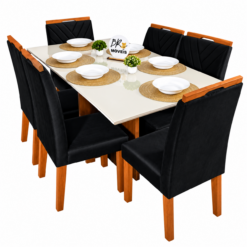 Mesa de Jantar Helo Off White 160cmx90cm com 6 Cadeiras Cristal Carvalho Decor - Preto