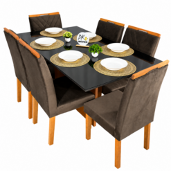 Mesa de Jantar Helo 160cmx90cm com 6 Cadeiras Cristal Grafite Preto Carvalho Decor - Marrom