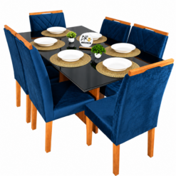 Mesa de Jantar Helo 160cmx90cm com 6 Cadeiras Cristal Grafite Preto Carvalho Decor - Azul
