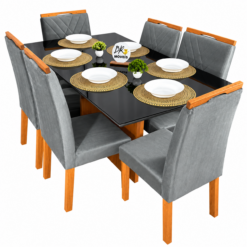 Mesa de Jantar Helo 160cmx90cm com 6 Cadeiras Cristal Grafite Preto Carvalho Decor - Cinza