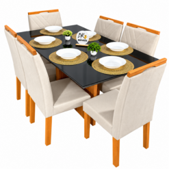 Mesa de Jantar Helo 160cmx90cm com 6 Cadeiras Cristal Grafite Preto Carvalho Decor - Bege