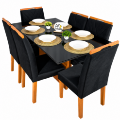 Mesa de Jantar Helo 160cmx90cm com 6 Cadeiras Cristal Grafite Preto Carvalho Decor - Preto