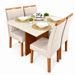 Mesa de Jantar Helo Off White - 120cmx80cm com 4 Cadeiras Cristal Carvalho Decor - Bege