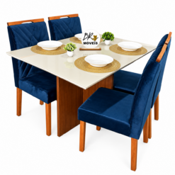 Mesa de Jantar Helo Off White - 120cmx80cm com 4 Cadeiras Cristal Carvalho Decor - Azul