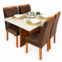 Mesa de Jantar Helo Off White - 120cmx80cm com 4 Cadeiras Cristal Carvalho Decor - Marrom