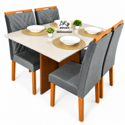 Mesa de Jantar Helo Off White - 120cmx80cm com 4 Cadeiras Cristal Carvalho Decor - Cinza