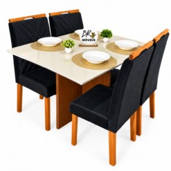 Mesa de Jantar Helo Off White - 120cmx80cm com 4 Cadeiras Cristal Carvalho Decor  - Preto