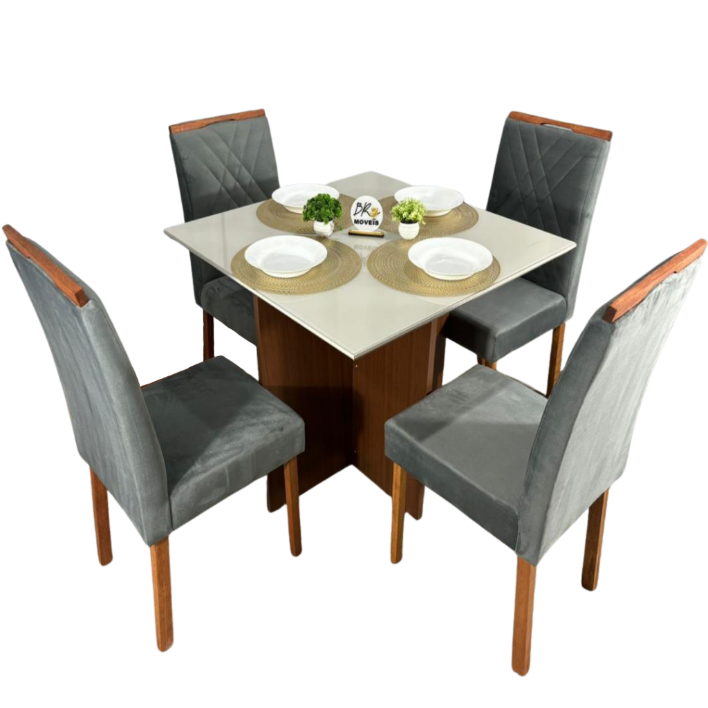 Mesa de Jantar Helo Off White 90x90cm com 4 Cadeiras Cristal Carvalho Decor - Cinza