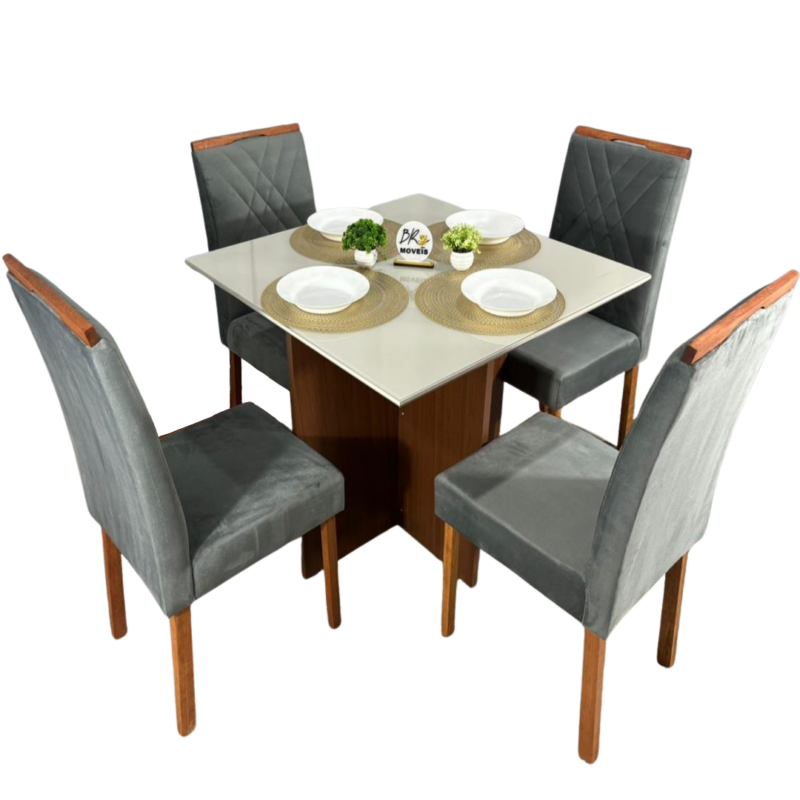 Mesa de Jantar Helo Off White 90x90cm com 4 Cadeiras Cristal Carvalho Decor - Cinza