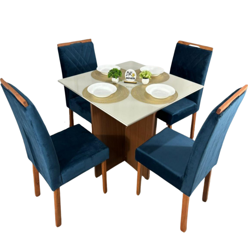 Mesa de Jantar Helo Off White 90x90cm com 4 Cadeiras Cristal Carvalho Decor - Azul