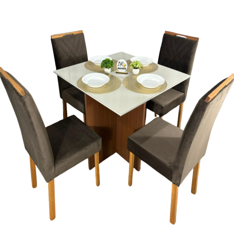 Mesa de Jantar Helo Off White 90x90cm com 4 Cadeiras Cristal Carvalho Decor - Marrom