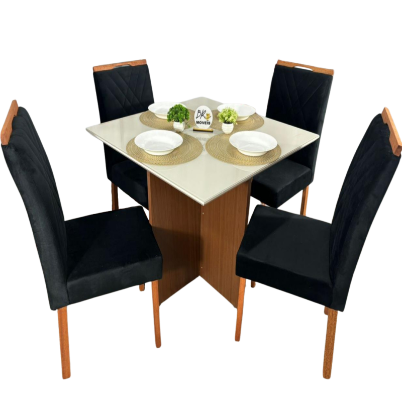 Mesa de Jantar Helo Off White 90x90cm com 4 Cadeiras Cristal Carvalho Decor - Preto