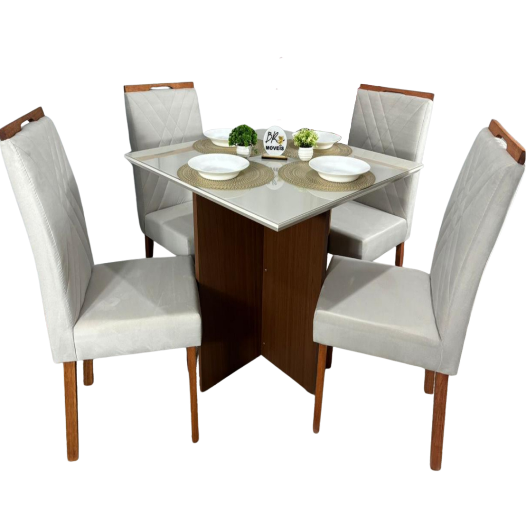 Mesa de Jantar Helo Off White 90x90cm com 4 Cadeiras Cristal Carvalho Decor - Bege