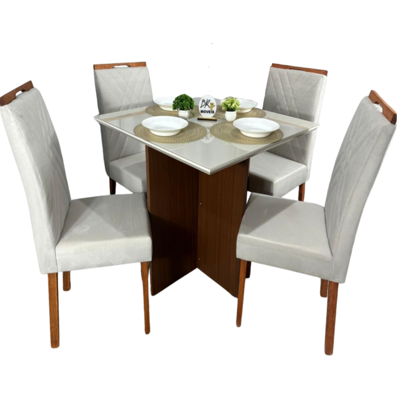 Mesa de Jantar Helo Off White 90x90cm com 4 Cadeiras Cristal Carvalho Decor - Bege