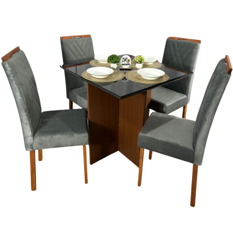 Mesa de Jantar Helo 90x90cm com 4 Cadeiras Cristal Grafite Carvalho Decor - Cinza