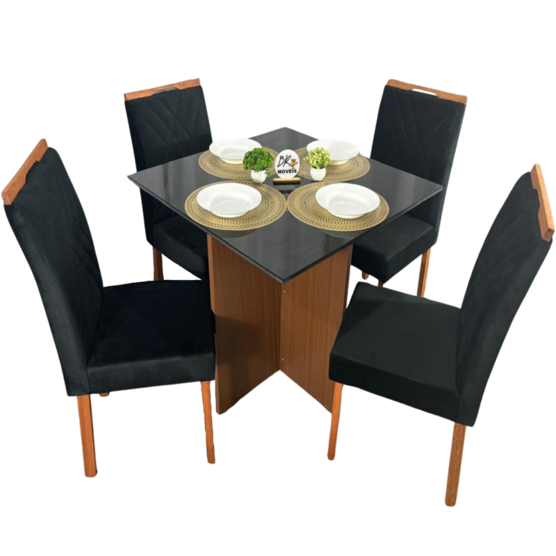 Mesa de Jantar Helo 90x90cm com 4 Cadeiras Cristal Grafite Carvalho Decor - Preto