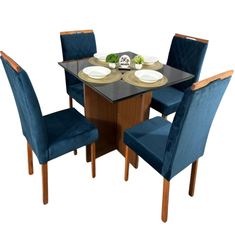 Mesa de Jantar Helo 90x90cm com 4 Cadeiras Cristal Grafite Carvalho Decor - Azul