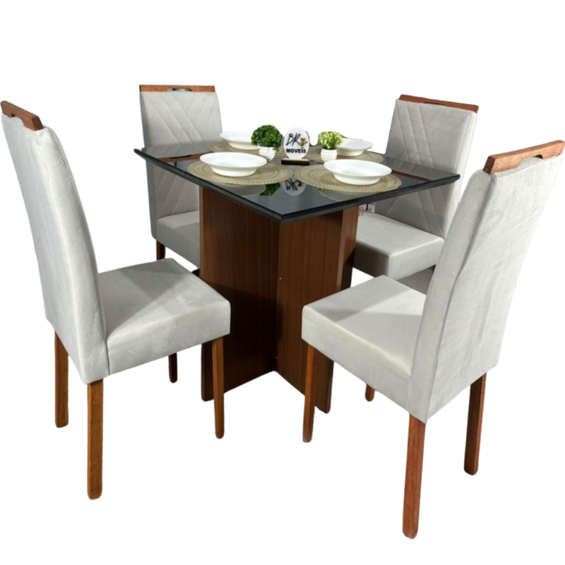 Mesa de Jantar Helo 90x90cm com 4 Cadeiras Cristal Grafite Carvalho Decor - Bege