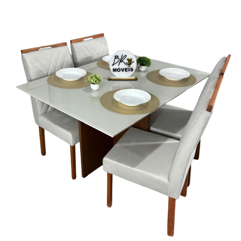 Mesa de Jantar Helo Off White - 120cmx80cm com 4 Cadeiras Cristal Carvalho Decor - Bege