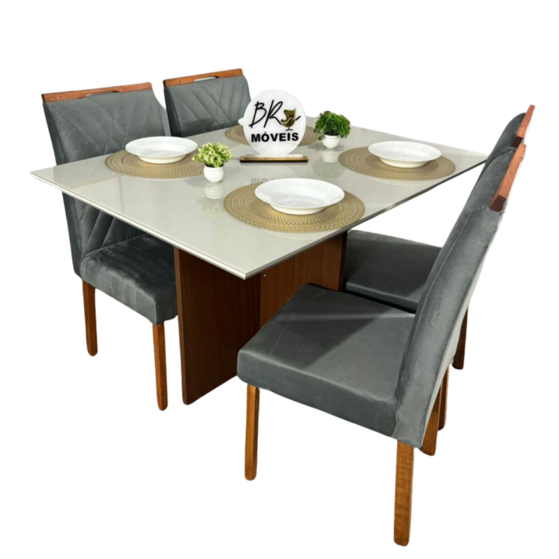 Mesa de Jantar Helo Off White - 120cmx80cm com 4 Cadeiras Cristal Carvalho Decor - Cinza