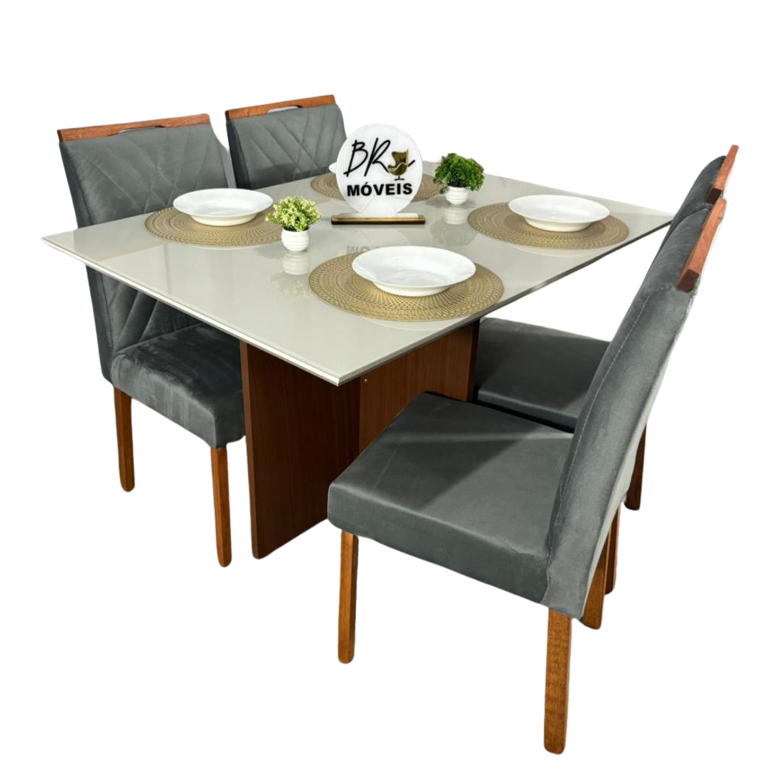 Mesa de Jantar Helo Off White - 120cmx80cm com 4 Cadeiras Cristal Carvalho Decor - Cinza