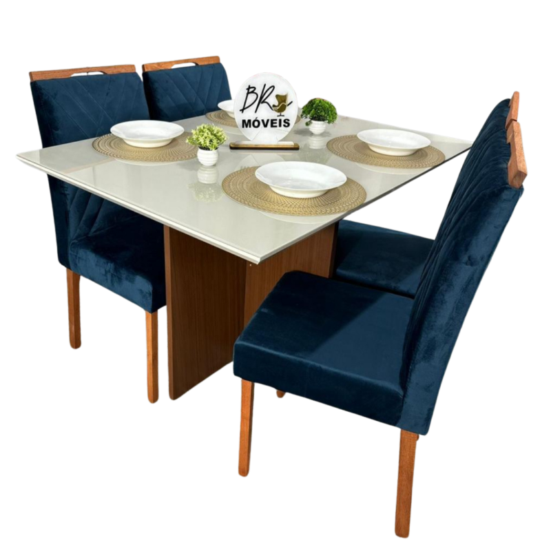 Mesa de Jantar Helo Off White - 120cmx80cm com 4 Cadeiras Cristal Carvalho Decor - Azul