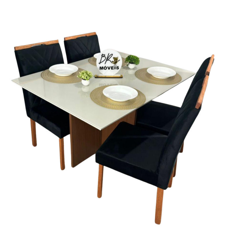 Mesa de Jantar Helo Off White - 120cmx80cm com 4 Cadeiras Cristal Carvalho Decor - Preto
