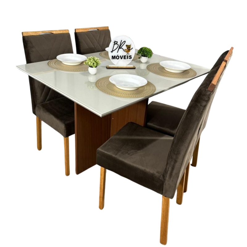 Mesa de Jantar Helo Off White - 120cmx80cm com 4 Cadeiras Cristal Carvalho Decor - Marrom
