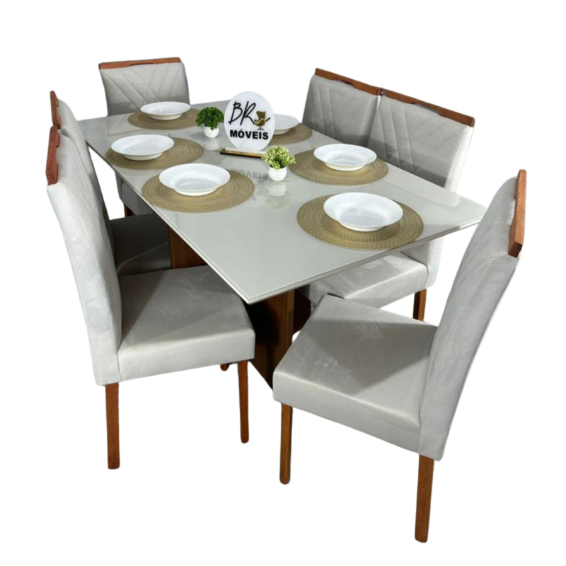 Mesa de Jantar Helo Off White 160cmx90cm com 6 Cadeiras Cristal Carvalho Decor - Bege