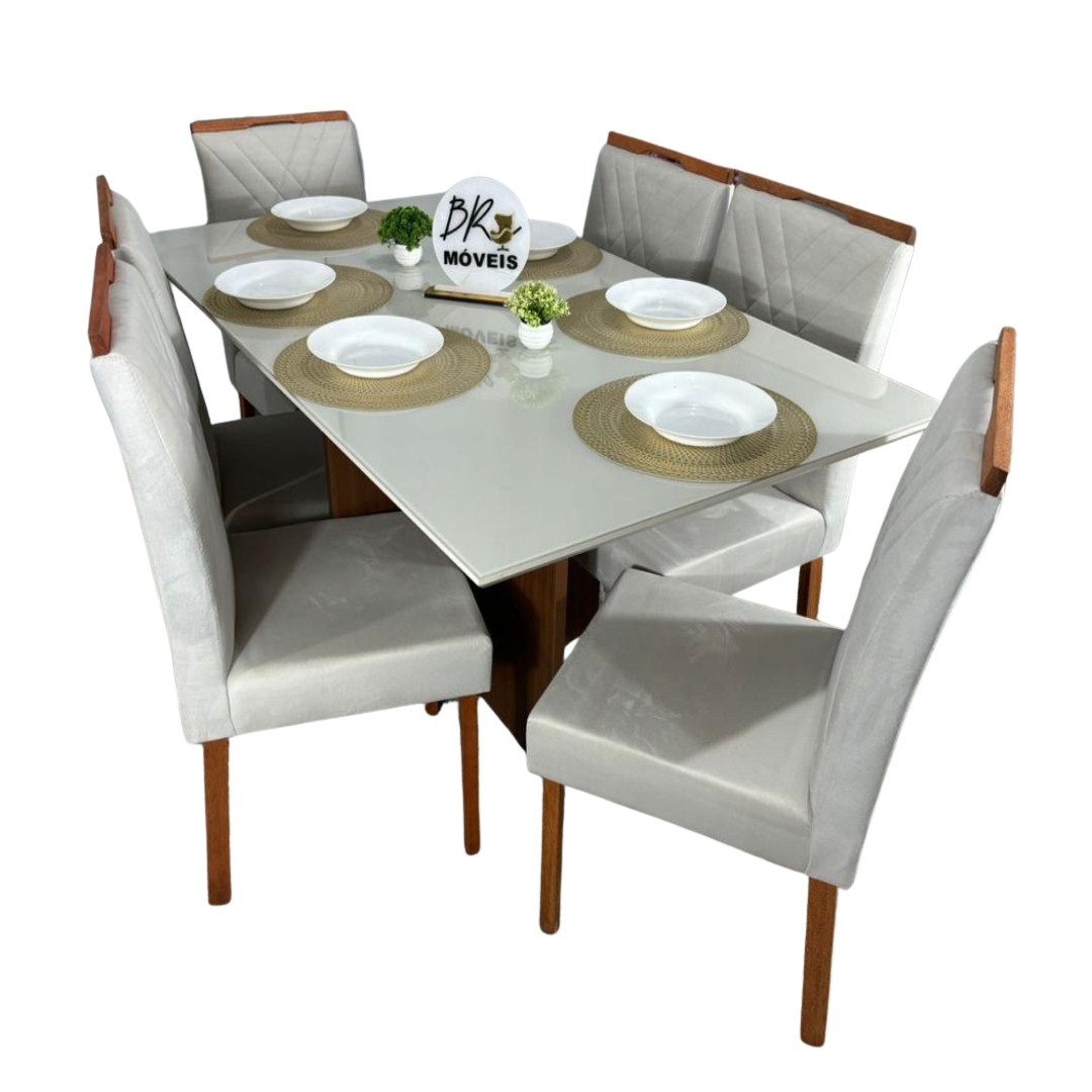 Mesa de Jantar Helo Off White 160cmx90cm com 6 Cadeiras Cristal Carvalho Decor - Bege