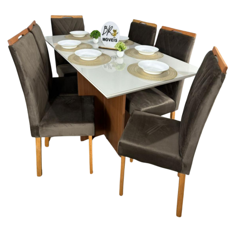 Mesa de Jantar Helo Off White 160cmx90cm com 6 Cadeiras Cristal Carvalho Decor - Marrom