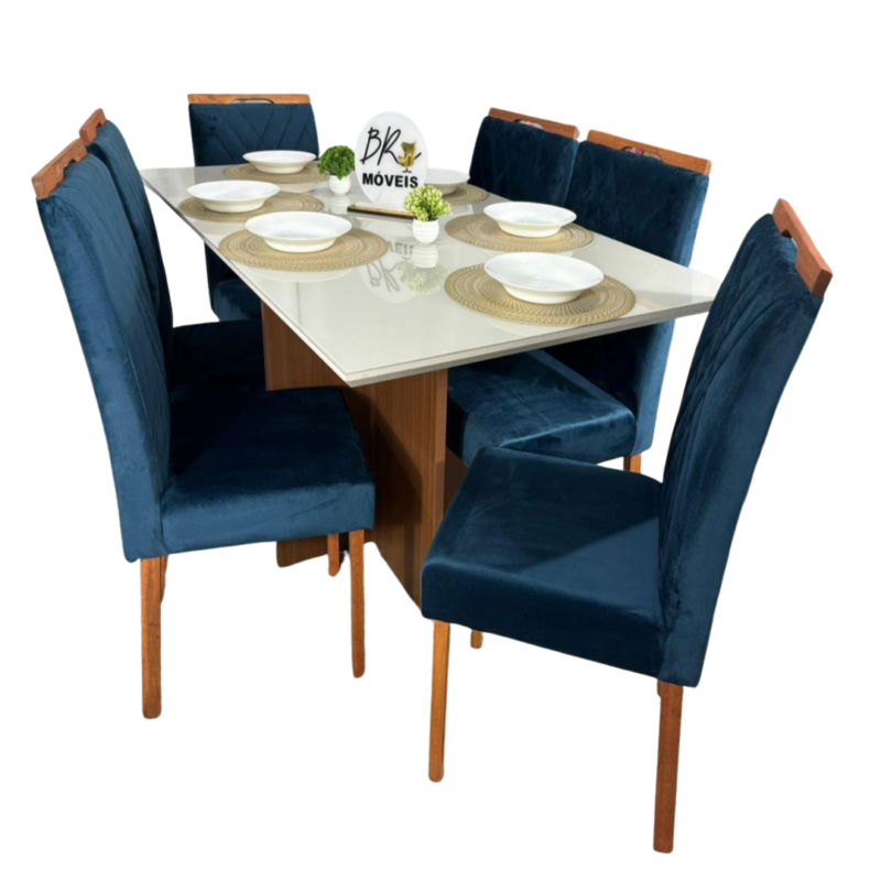 Mesa de Jantar Helo Off White 160cmx90cm com 6 Cadeiras Cristal Carvalho Decor - Azul