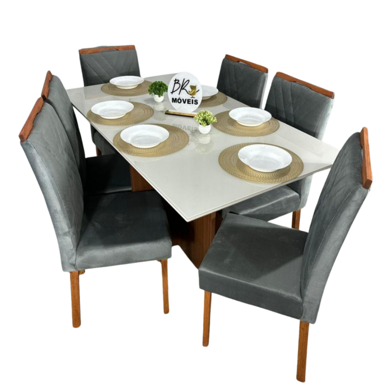Mesa de Jantar Helo Off White 160cmx90cm com 6 Cadeiras Cristal Carvalho Decor  - Cinza