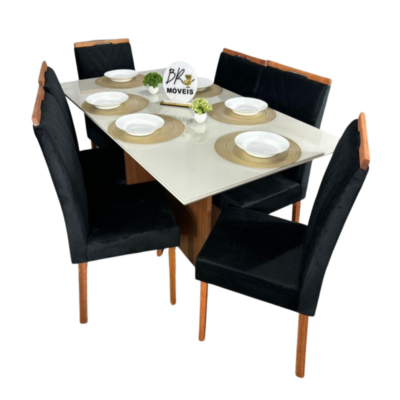 Mesa de Jantar Helo Off White 160cmx90cm com 6 Cadeiras Cristal Carvalho Decor - Preto