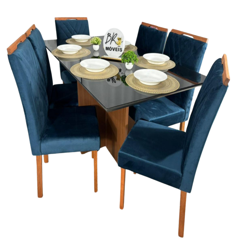 Mesa de Jantar Helo 160cmx90cm com 6 Cadeiras Cristal Grafite Carvalho Decor - Azul