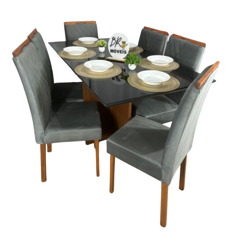 Mesa de Jantar Helo 160cmx90cm com 6 Cadeiras Cristal Grafite Carvalho Decor - Cinza