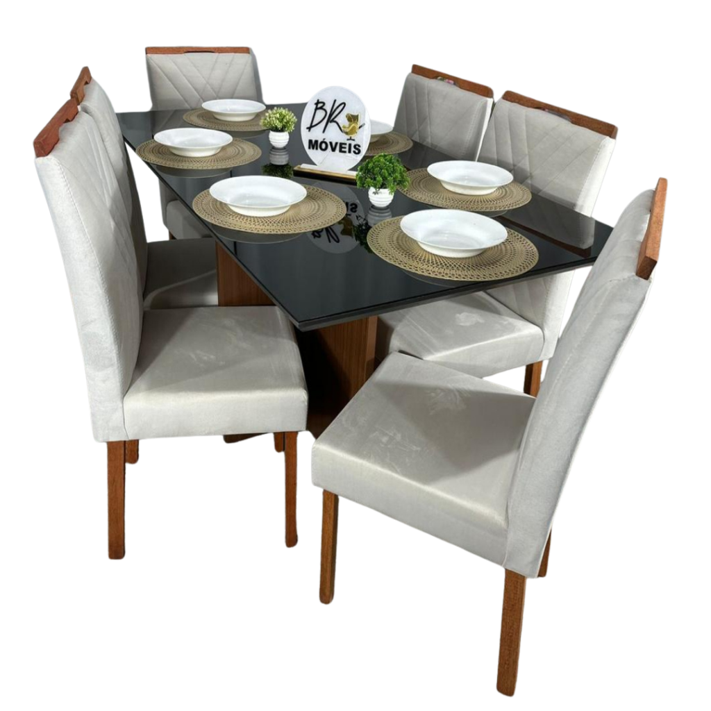 Mesa de Jantar Helo 160cmx90cm com 6 Cadeiras Cristal Grafite Carvalho Decor - Bege