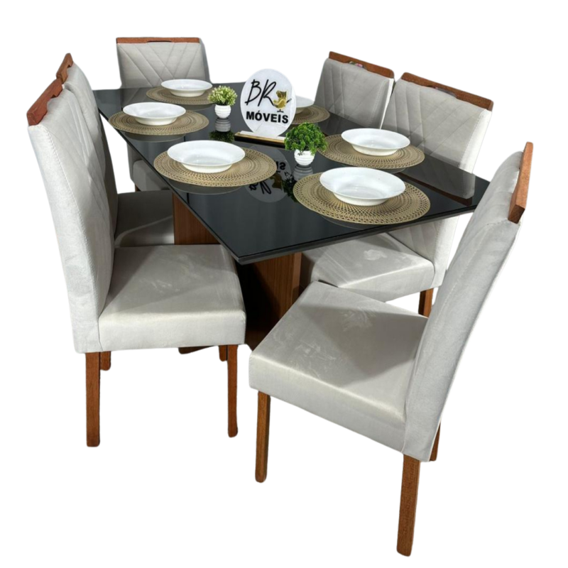 Mesa de Jantar Helo 160cmx90cm com 6 Cadeiras Cristal Grafite Carvalho Decor - Bege