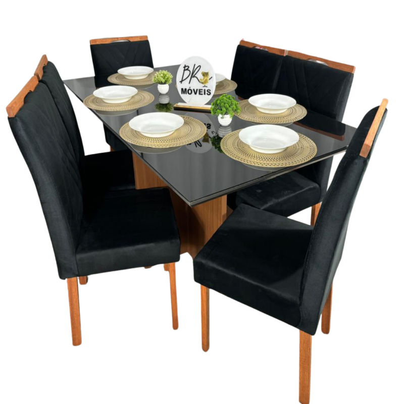 Mesa de Jantar Helo 160cmx90cm com 6 Cadeiras Cristal Grafite Carvalho Decor - Preto